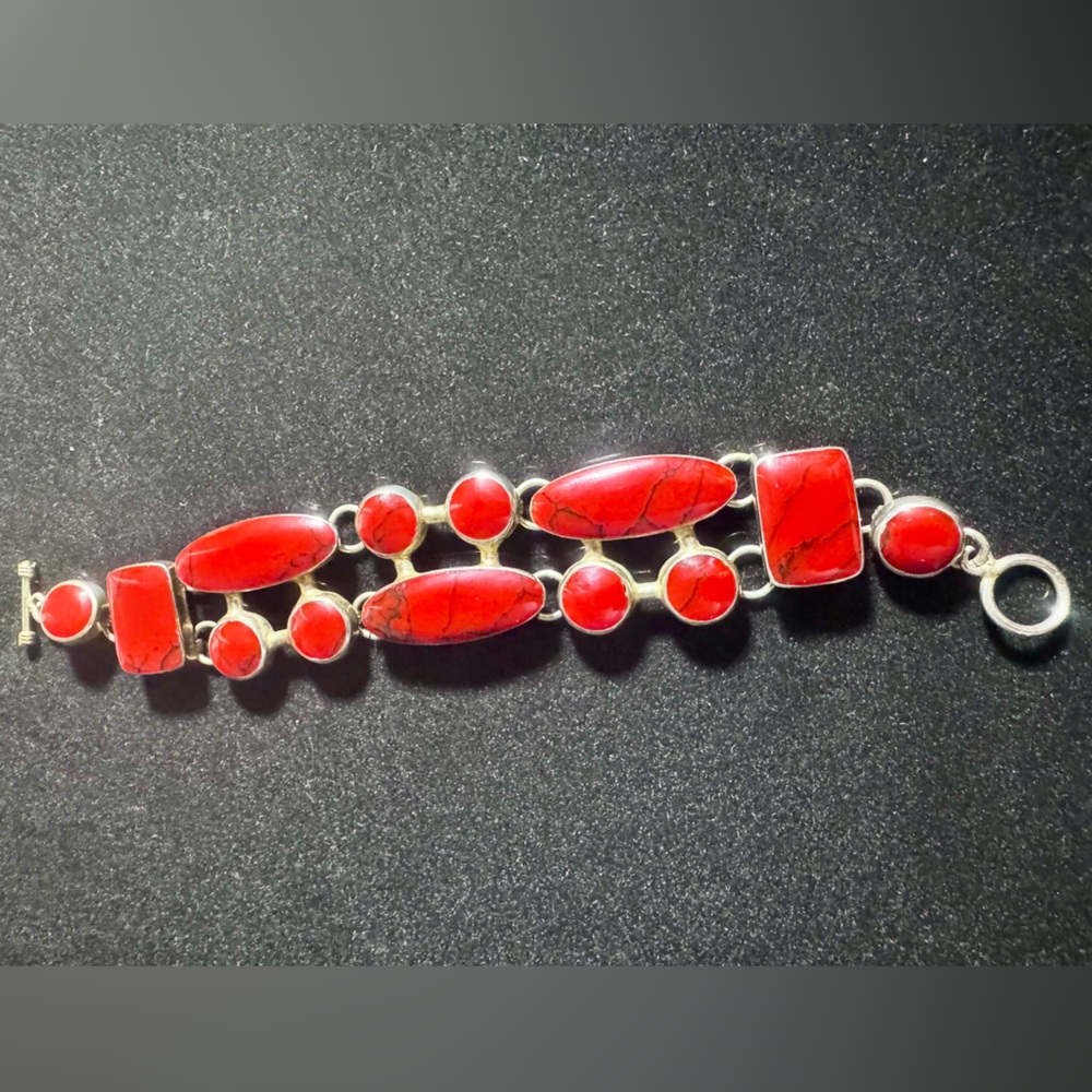 Natural Red Jasper & Sterling Silver Link Bracelet